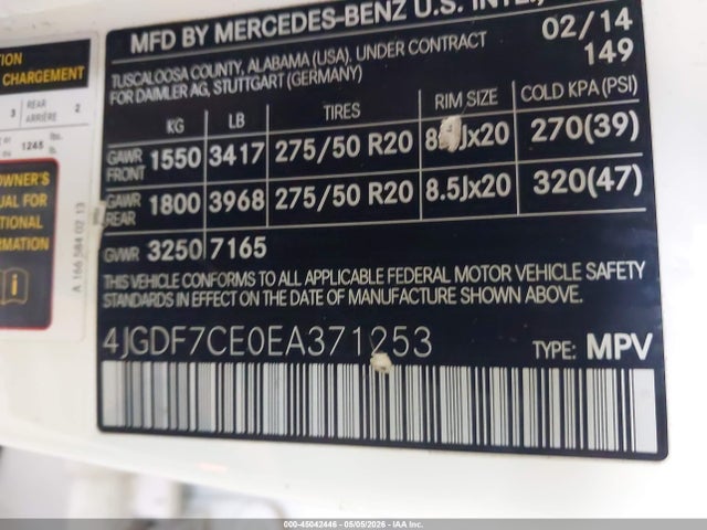 45042446 :رقم المزاد ، 4JGDF7CE0EA371253 vin ، 2014 Mercedes-benz Gl 450 4matic مزاد بيع