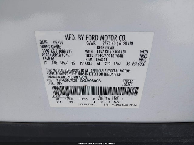 Продаж на аукціоні авто 2016 Ford Explorer Xlt, vin: 1FM5K7D81GGA06993, номер лоту: 45042448