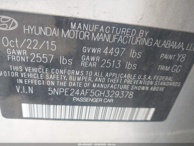 Продажа на аукционе авто 2016 Hyundai Sonata Se, vin: 5NPE24AF5GH329378, номер лота: 45042457