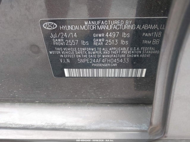 Aukcja sprzedaży 2015 Hyundai Sonata Se, vin: 5NPE24AF4FH045433, numer aukcji: 45042458