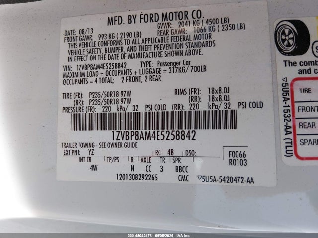 Продаж на аукціоні авто 2014 Ford Mustang V6 Premium, vin: 1ZVBP8AM4E5258842, номер лоту: 45042478