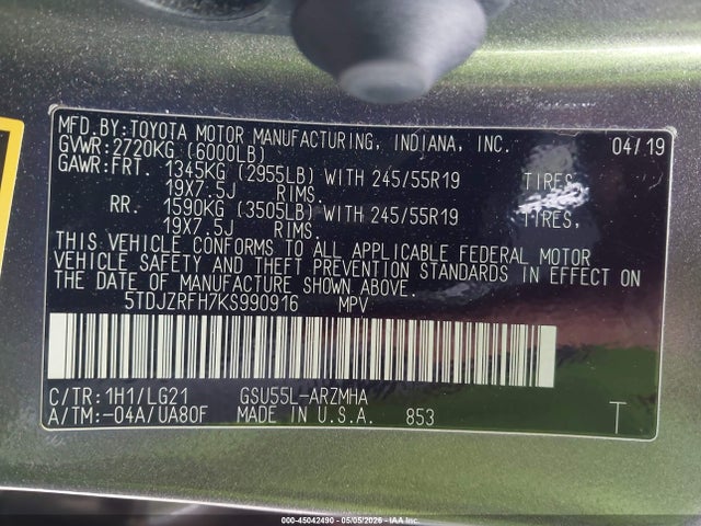 45042490 :رقم المزاد ، 5TDJZRFH7KS990916 vin ، 2019 Toyota Highlander Se مزاد بيع