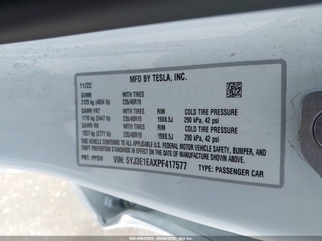 Aukcja sprzedaży 2023 Tesla Model 3 Rear-wheel Drive, vin: 5YJ3E1EAXPF417577, numer aukcji: 45042505