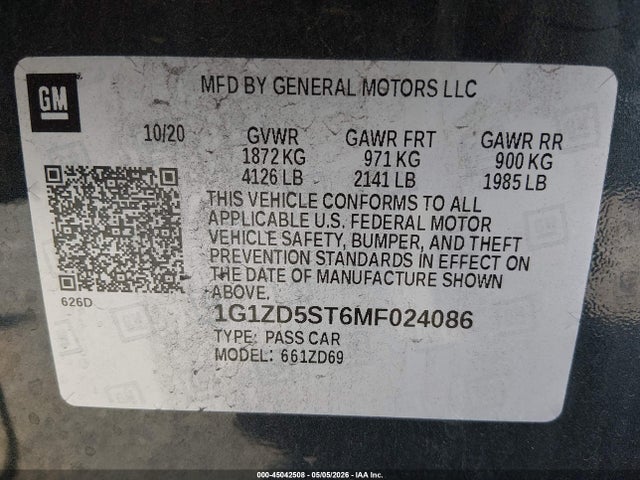 Aukcja sprzedaży 2021 Chevrolet Malibu Fwd Lt, vin: 1G1ZD5ST6MF024086, numer aukcji: 45042508
