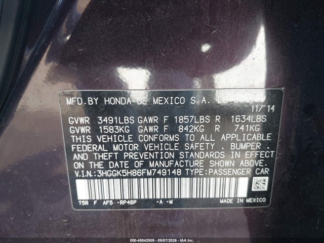 45042509 :رقم المزاد ، 3HGGK5H86FM749148 vin ، 2015 Honda Fit Ex/ex-l مزاد بيع