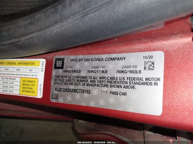 Продажа на аукционе авто 2021 Chevrolet Spark Fwd Ls Automatic, vin: KL8CB6SAXMC729183, номер лота: 45042522