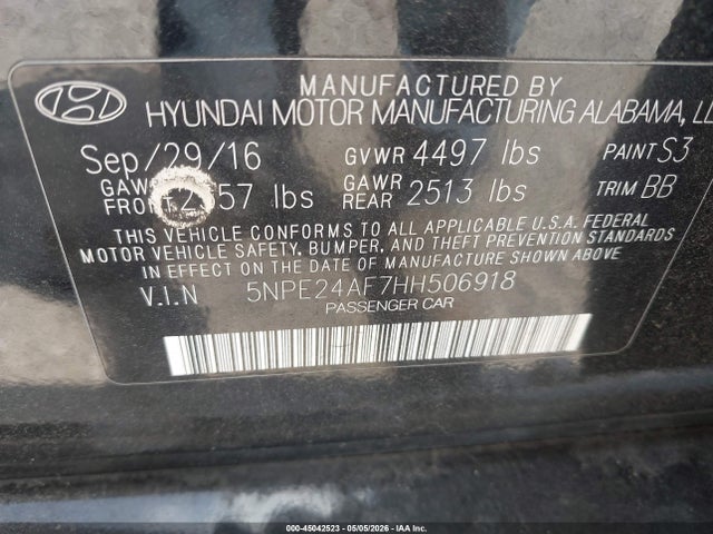 Aukcja sprzedaży 2017 Hyundai Sonata Se, vin: 5NPE24AF7HH506918, numer aukcji: 45042523