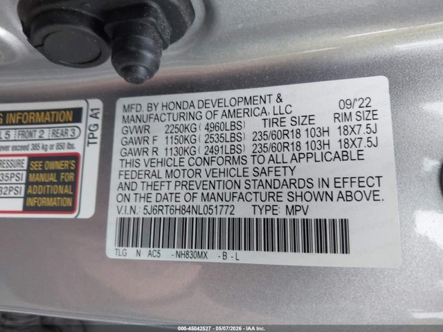 Продаж на аукціоні авто 2022 Honda Cr-v Hybrid Ex-l, vin: 5J6RT6H84NL051772, номер лоту: 45042527
