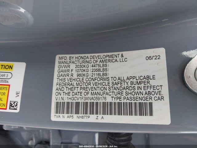 2022 Honda Accord Sport მანქანა იყიდება აუქციონზე, vin: 1HGCV1F3XNA059176, აუქციონის ნომერი: 45042530