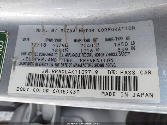 Aukcja sprzedaży 2019 Mazda Mazda3 Preferred Package, vin: JM1BPACL4K1109719, numer aukcji: 45042532