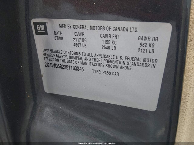 Aukcja sprzedaży 2009 Buick Lacrosse Cxl, vin: 2G4WD582391103346, numer aukcji: 45042535