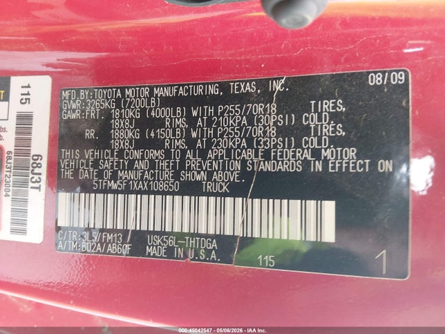 Aukcja sprzedaży 2010 Toyota Tundra Grade 5.7l V8, vin: 5TFMW5F1XAX108650, numer aukcji: 45042547