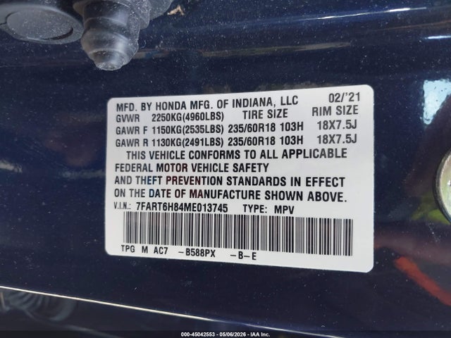 Aukcja sprzedaży 2021 Honda Cr-v Hybrid Ex-l, vin: 7FART6H84ME013745, numer aukcji: 45042553