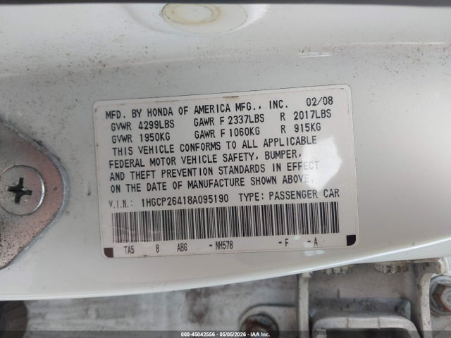 Продаж на аукціоні авто 2008 Honda Accord 2.4 Lx-p, vin: 1HGCP26418A095190, номер лоту: 45042556
