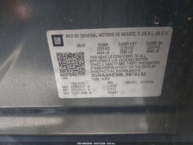 Продаж на аукціоні авто 2020 Chevrolet Equinox Fwd Lt 1.5l Turbo, vin: 3GNAXKEV8LS678192, номер лоту: 45042559