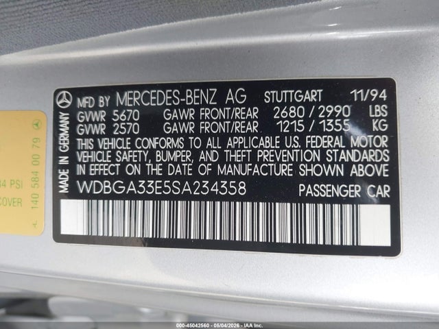 Aukcja sprzedaży 1995 Mercedes-benz S 320, vin: WDBGA33E5SA234358, numer aukcji: 45042560