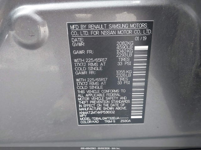 2019 Nissan Rogue Sv მანქანა იყიდება აუქციონზე, vin: KNMAT2MT4KP536102, აუქციონის ნომერი: 45042563