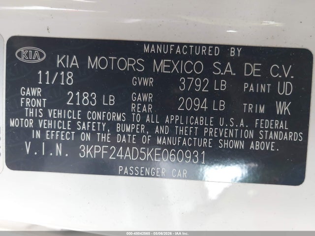 Aukcja sprzedaży 2019 Kia Forte Lxs, vin: 3KPF24AD5KE060931, numer aukcji: 45042565