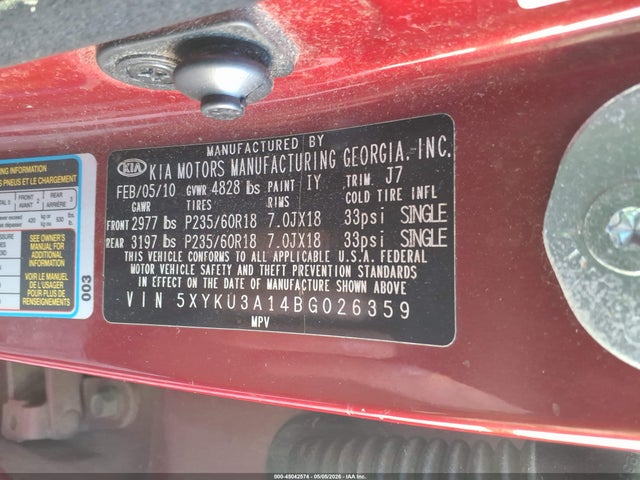 Aukcja sprzedaży 2011 Kia Sorento Ex, vin: 5XYKU3A14BG026359, numer aukcji: 45042574