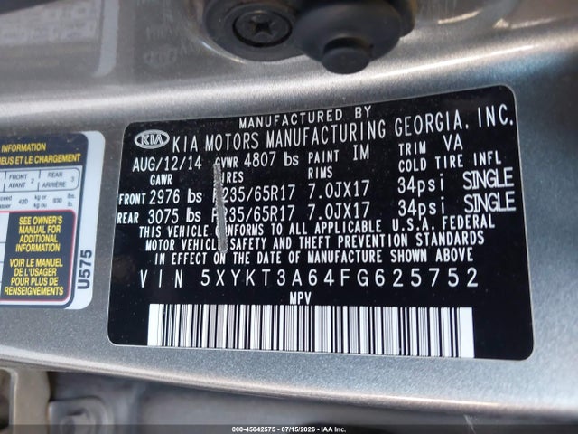 KIA SORENTO LX 2015 5XYKT3A64FG625752 Image 9