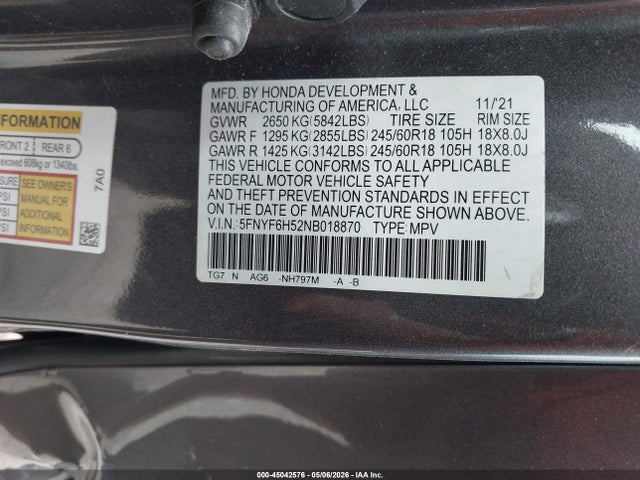 45042576 :رقم المزاد ، 5FNYF6H52NB018870 vin ، 2022 Honda Pilot Awd Ex-l مزاد بيع