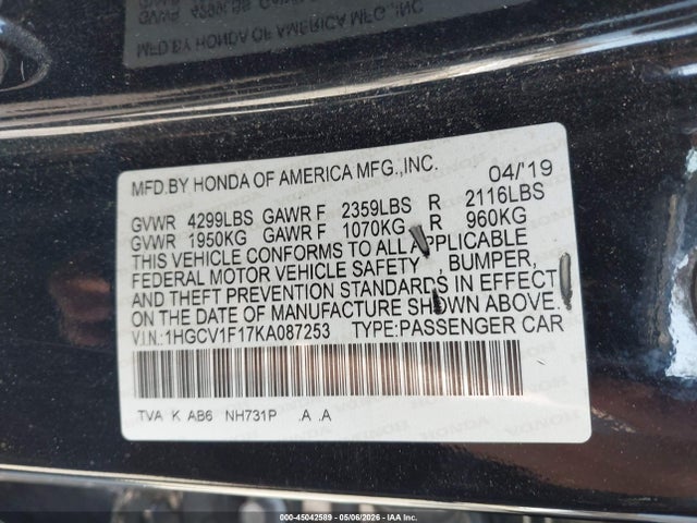 Honda ACCORD LX 2019 1HGCV1F17KA087253 Image 9