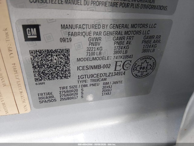 2020 Gmc Sierra 1500 Elevation მანქანა იყიდება აუქციონზე, vin: 1GTU9CED7LZ134914, აუქციონის ნომერი: 45042590