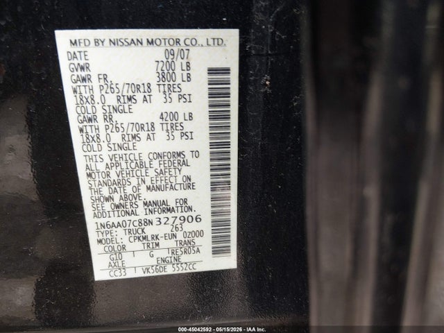 45042592 :رقم المزاد ، 1N6AA07C88N327906 vin ، 2008 Nissan Titan Xe مزاد بيع