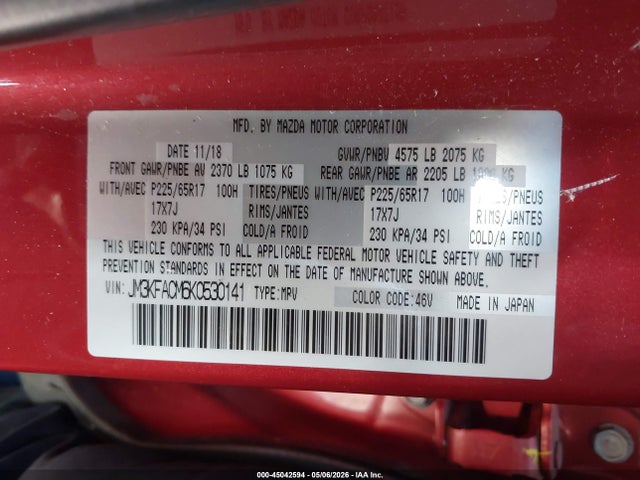 Продаж на аукціоні авто 2019 Mazda Cx-5 Touring, vin: JM3KFACM6K0530141, номер лоту: 45042594