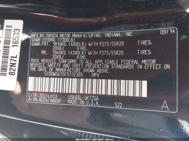2015 Toyota Sequoia Platinum 5.7l V8 მანქანა იყიდება აუქციონზე, vin: 5TDDW5G15FS112360, აუქციონის ნომერი: 45042607