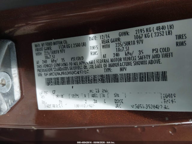 Продаж на аукціоні авто 2017 Ford Escape Titanium, vin: 1FMCU9J9XHUC41762, номер лоту: 45042616
