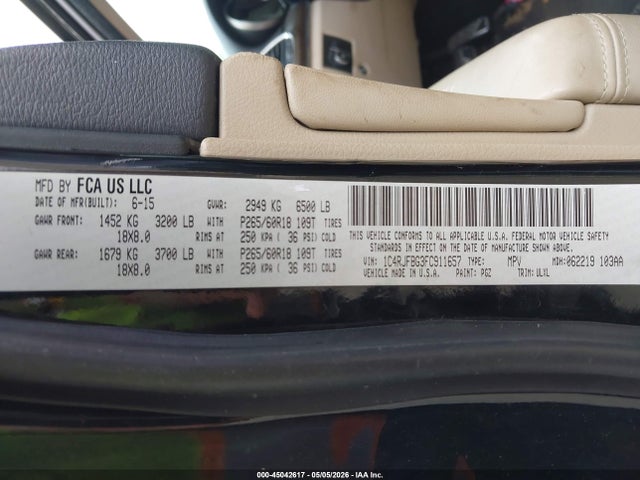 2015 Jeep Grand Cherokee Limited მანქანა იყიდება აუქციონზე, vin: 1C4RJFBG3FC911657, აუქციონის ნომერი: 45042617