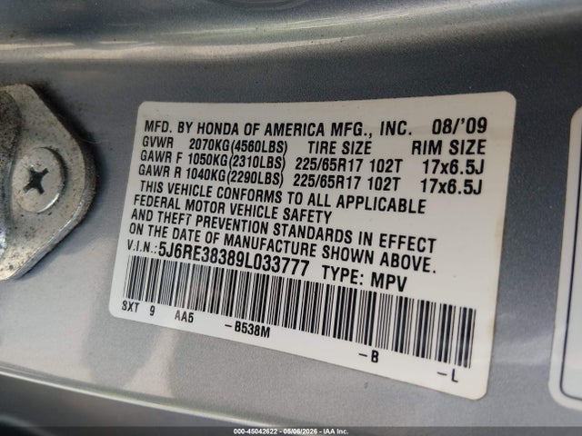 Продаж на аукціоні авто 2009 Honda Cr-v Lx, vin: 5J6RE38389L033777, номер лоту: 45042622