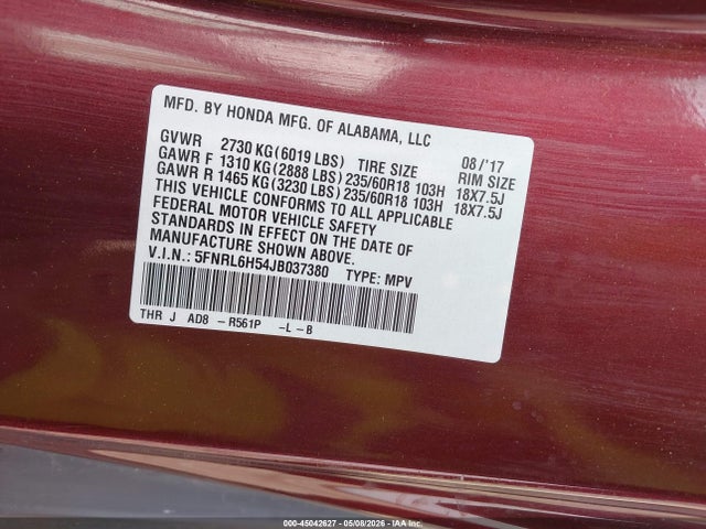 Продажа на аукционе авто 2018 Honda Odyssey Ex, vin: 5FNRL6H54JB037380, номер лота: 45042627