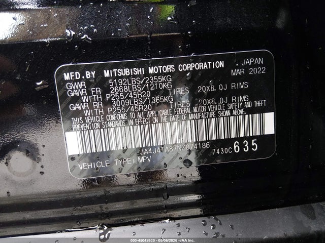 JA4J4TA87NZ074186 Mitsubishi Outlander Es 2.5 S-awc