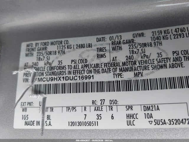 2013 Ford Escape Sel მანქანა იყიდება აუქციონზე, vin: 1FMCU9HX1DUC16991, აუქციონის ნომერი: 45042637
