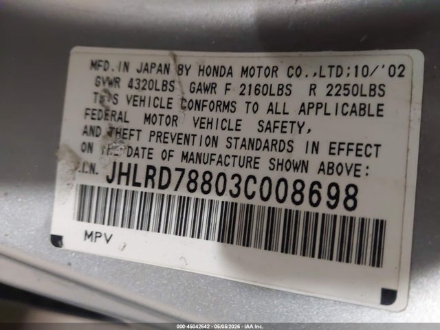 2003 Honda Cr-v Ex მანქანა იყიდება აუქციონზე, vin: JHLRD78803C008698, აუქციონის ნომერი: 45042642