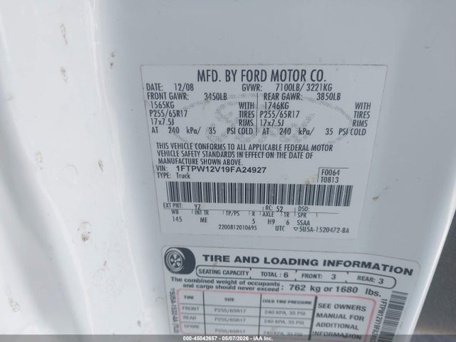 Продажа на аукционе авто 2009 Ford F-150 King Ranch/lariat/platinum/xl/xlt, vin: 1FTPW12V19FA24927, номер лота: 45042657