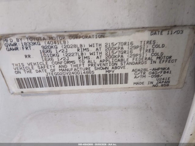 Aukcja sprzedaży 2004 Toyota Rav4, vin: JTEGD20V240014865, numer aukcji: 45042658