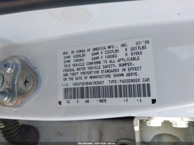 2009 Honda Accord 2.4 Lx მანქანა იყიდება აუქციონზე, vin: 1HGCP26369A182947, აუქციონის ნომერი: 45042668
