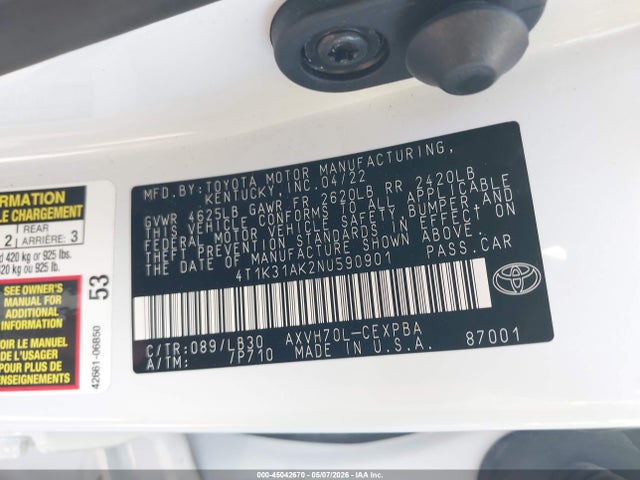 Aukcja sprzedaży 2022 Toyota Camry Xse Hybrid, vin: 4T1K31AK2NU590901, numer aukcji: 45042670