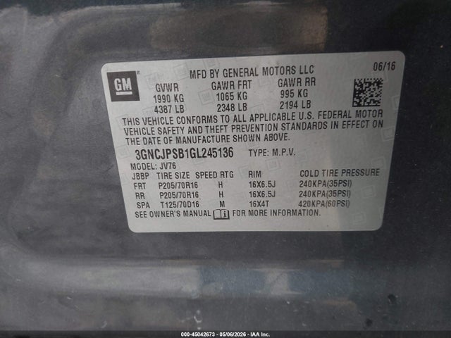 45042673 :رقم المزاد ، 3GNCJPSB1GL245136 vin ، 2016 Chevrolet Trax Lt مزاد بيع