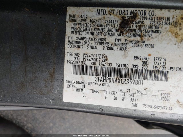 Aukcja sprzedaży 2012 Ford Fusion Se, vin: 3FAHP0HAXCR359801, numer aukcji: 45042676
