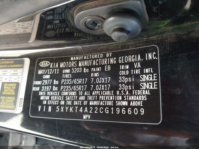 2012 Kia Sorento Lx V6 მანქანა იყიდება აუქციონზე, vin: 5XYKT4A22CG196609, აუქციონის ნომერი: 45042679