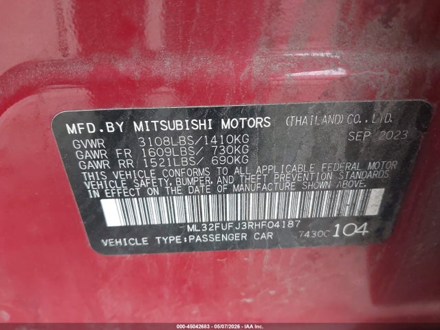 Aukcja sprzedaży 2024 Mitsubishi Mirage G4 Es, vin: ML32FUFJ3RHF04187, numer aukcji: 45042683