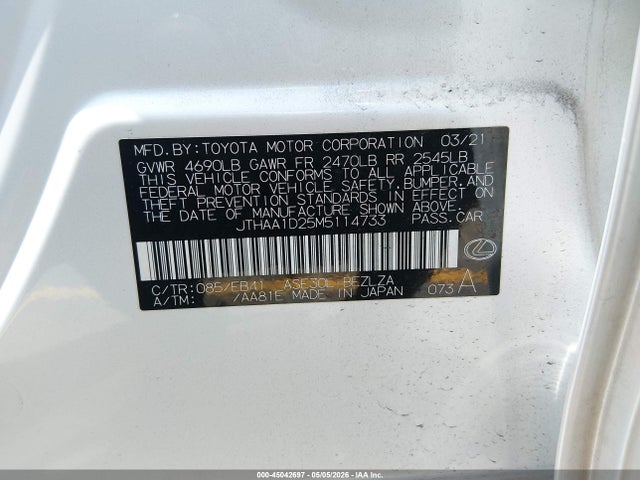 2021 Lexus Is 300 მანქანა იყიდება აუქციონზე, vin: JTHAA1D25M5114733, აუქციონის ნომერი: 45042697