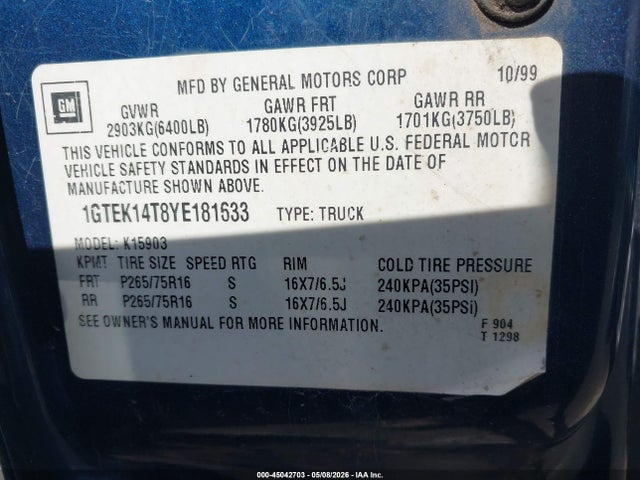 45042703 :رقم المزاد ، 1GTEK14T8YE181633 vin ، 2000 Gmc Sierra 1500 Sle مزاد بيع