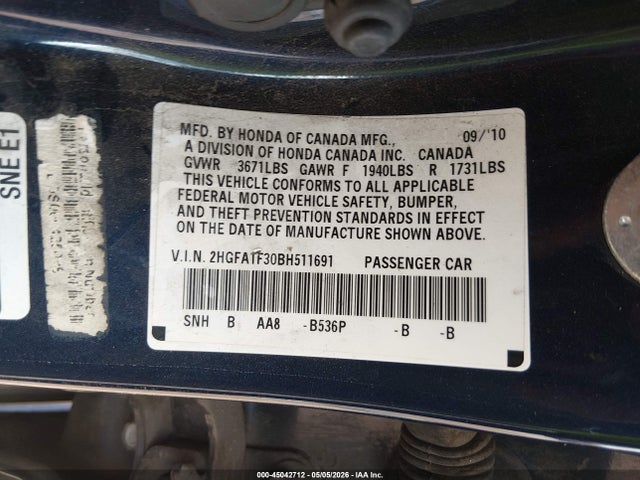 45042712 :رقم المزاد ، 2HGFA1F30BH511691 vin ، 2011 Honda Civic Vp مزاد بيع