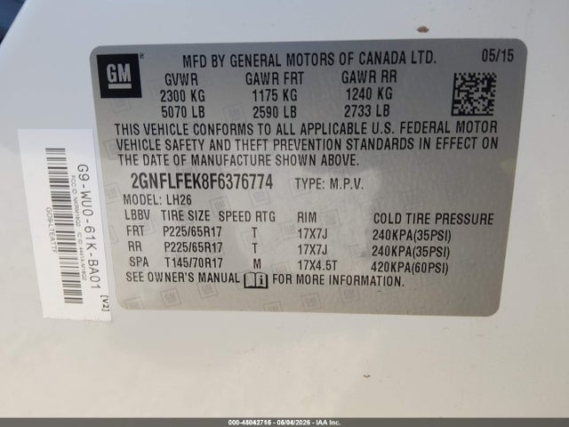 2015 Chevrolet Equinox 1lt მანქანა იყიდება აუქციონზე, vin: 2GNFLFEK8F6376774, აუქციონის ნომერი: 45042715