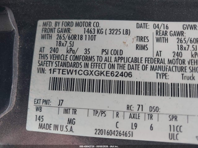 1FTEW1CGXGKE62406 Ford F-150 Xlt